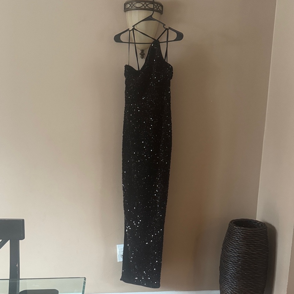 Fashion Nova Black Sequin Spaghetti-Strap Evening Dress